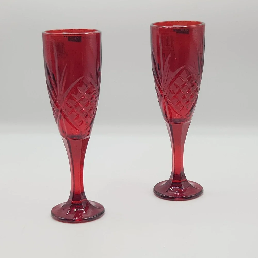 Dublin Set of 2 Ruby Red Crystal Flute 6oz For Champagne Prosecco Sparkling Wine
